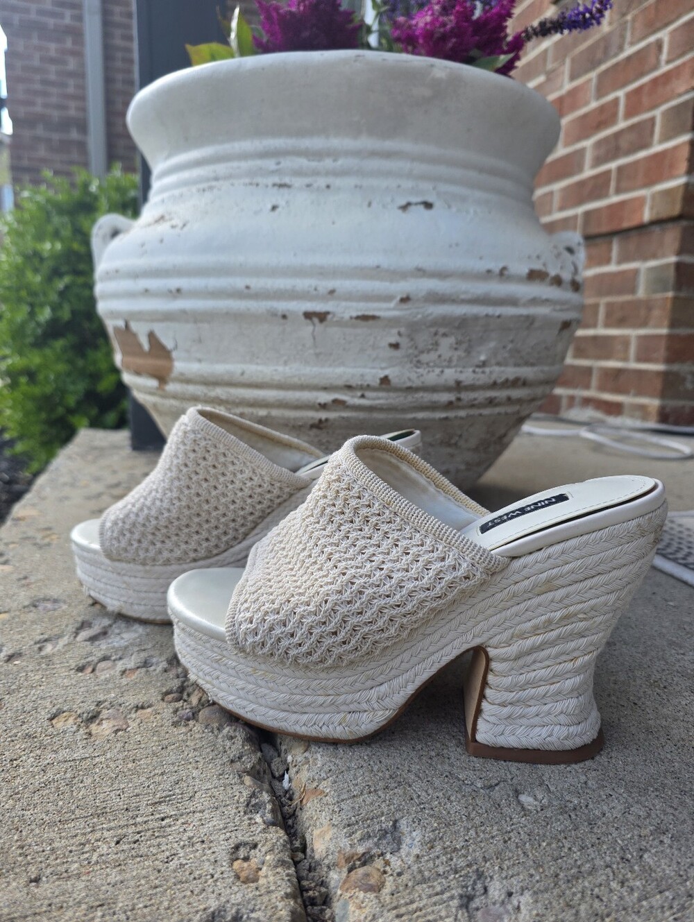 Nine West Peep Toe Platform Chunky Heels Crochet Weave Size 8M - Picture 4 of 17